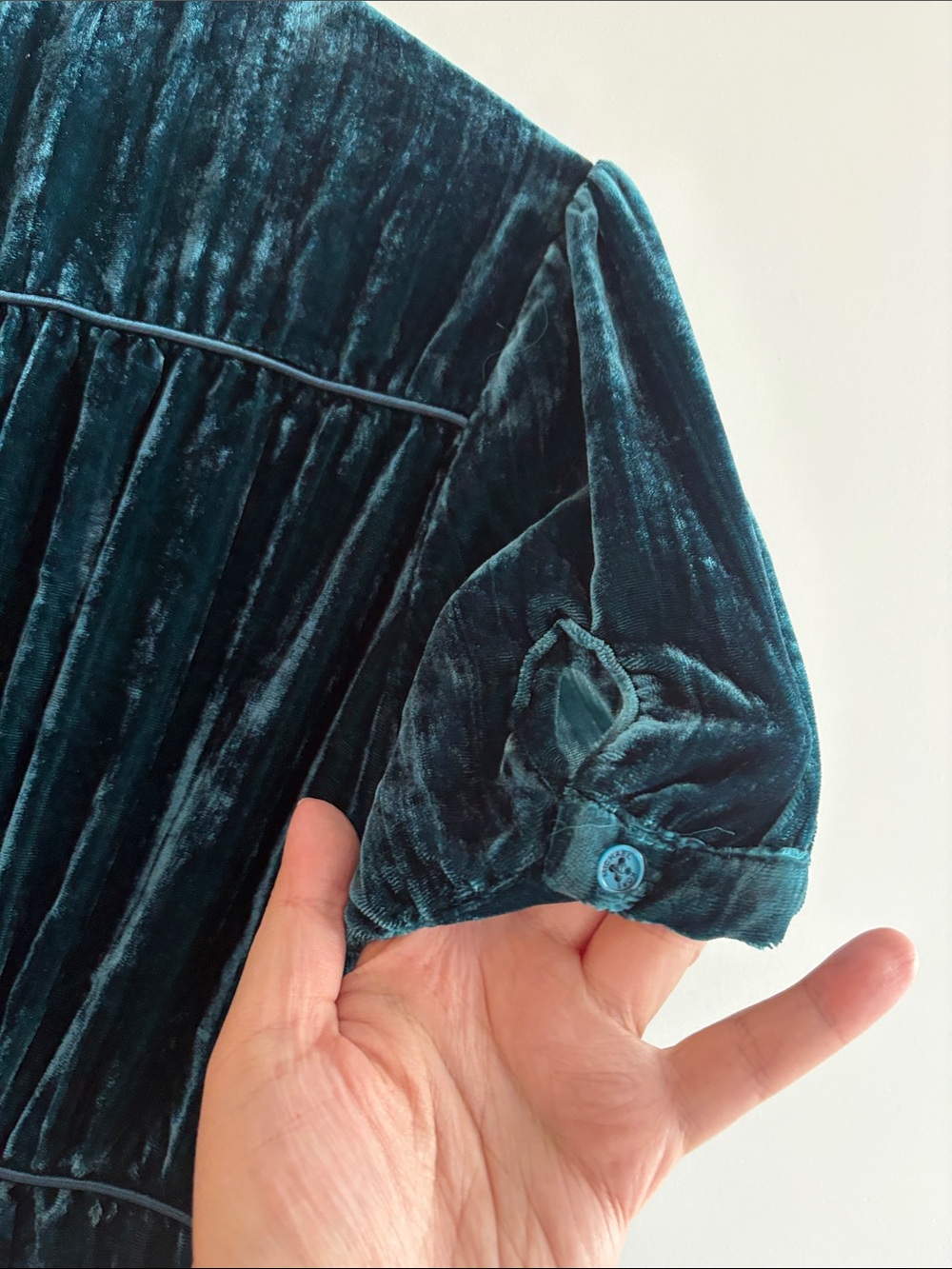 Michael Kors Teal Velvet V-Neck Puff Sleeve Maxi Dress - Picture 13 of 13
